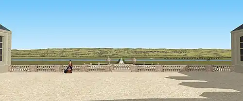 Restitution de la vue en sortant du vestibule du château de Frémont, première moitié du XVIIe siècle.