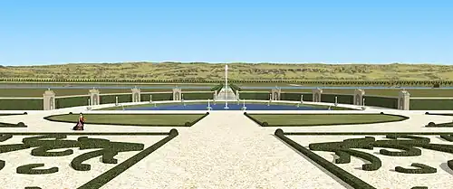 Restitution 3D de la vue sur les cascades basses du jardin du château de Frémont, première moitié du XVIIe siècle