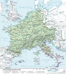 Carte de la France, de l'Allemagne, de l'Italie et des pays voisins qui sont unifiés dans un seul grand territoire, lui-même divisé en plusieurs régions dont une est dénommée "Alsatia" au centre de la carte.