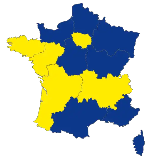 Candidats arrivés en tête dans chaque région métropolitaine au 1er&nbsp;tour.