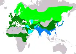 Carte de l'aire de répartition du Faucon crécerelle, en Eurasie et en Afrique