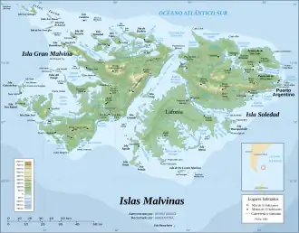 Carte des îles avec les noms de lieux argentins.