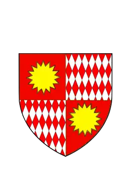 Famille Grimaldi de Beuil : Écartelé au I et IV de gueules à l'étoile de 16 rais d'or, qui est Beuil, et au II et III fuselé d'argent et de gueules, qui est Grimaldi