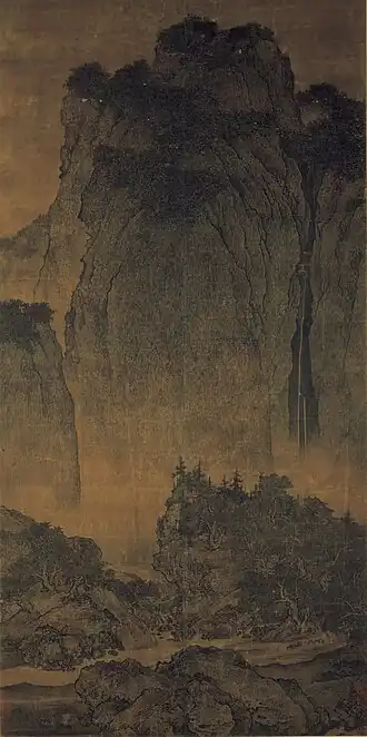 Voyageurs parmi les torrents et les montagnes, Fan Kuan, (actif vers 1023-1031), Song du Nord, rouleau vertical, encre et couleurs sur soie, 206,3x103,3cm. Musée national du Palais, Taipei.