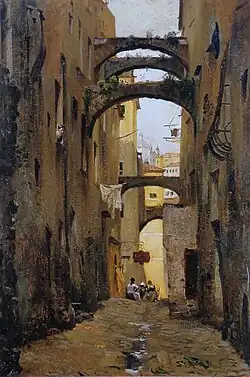 Rue avec arcades (1870), 53,6&nbsp;×&nbsp;37,3&nbsp;cm. musée des beaux-arts et d'archéologie de Besançon.
