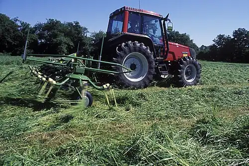 Fanage d'andains de faucheuse avec une faneuse à rotors.