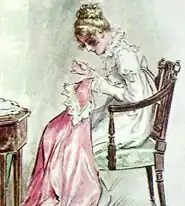 Fanny cousant, vue par C. E. Brock pour une édition de Mansfield Park parue en 1908.