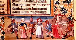 Chaine de danseurs habillés de couleurs vives illustrant le bas d'un manuscrit.