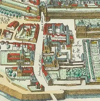 Détail du plan de Mérian de 1615 (le nord à gauche) : la deuxième porte (en haut) du XIVe&nbsp;siècle, le faubourg traversé par la rue Saint-Honoré et le bastion du XVIIe&nbsp;siècle (en bas).