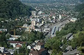 Gare de Feldkirch&nbsp;– frontière entre l'Autriche et le Liechtenstein.