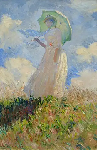 Claude Monet, Essai de figure en plein-air. Femme à l'ombrelle tournée vers la gauche (1888, 131&nbsp;×&nbsp;88&nbsp;cm), musée d'Orsay.