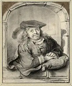 Autoportrait, dessin de Ferdinand Bol (c. 1650-1655, Albertina). Un temps attribué à Rembrandt ; inspiré notamment de l'autoportrait à l'eau-forte de 1638 (B. 20).