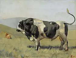 peinture du XIXe siècle montrant un taureau pie noir musculeux au pré.