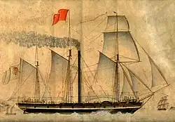 Tableau d'un bateau à vapeur voguant sur la mer avec des montagnes au loin