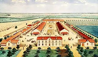 Dessin en couleurs figurant la vue aérienne de vastes bâtiments agricoles entourant une cour de ferme.