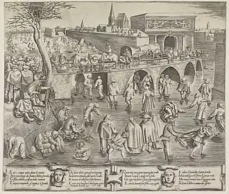 Patineurs à la Sint-Jorispoort à Anvers, d'après Frans Huys, d'après Pieter Brueghel l'Ancien (vers 1558).