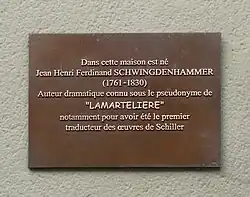 Plaque sur la maison natale de Jean Henri Ferdinand Schwingdenhammer.