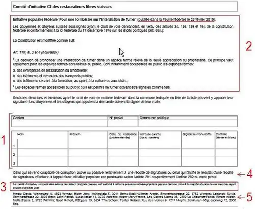 Représentation d'une feuille de signatures pour une initiative populaire fédérale