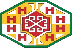 Dessin géométrique à symétries horizontale et verticale aux couleurs rouge, verte et jaune.