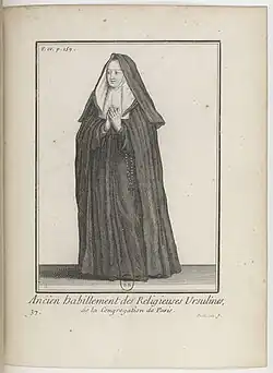 1er habit des Ursulines de la congrégation de Paris. La coiffe, qui est un emprunt aux chanoinesses régulières de l'abbaye Saint-Paul de Soissons, est modifiée en 1617.