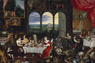 Jan Brueghel l'Ancien et al., Allégorie de l'ouïe, du toucher et du goût, v. 1618.