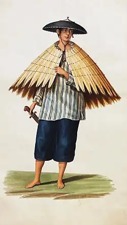 Paysan philippin avec un salakot et un imperméable traditionnel, par Justiniano Asuncion, vers 1841