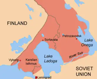 Carte couleur centrée sur Sortavala. La zone en rouge montre l'avancée des unités finlandaises.