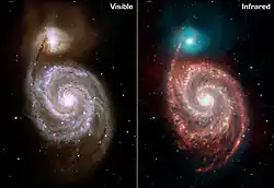 Comparaison de l'apparence de M51 en lumière visible par l'observatoire de Kitt Peak et en infrarouge par le télescope spatial Spitzer.