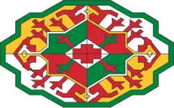 Dessin géométrique à symétries horizontale et verticale aux couleurs rouge, verte et jaune.