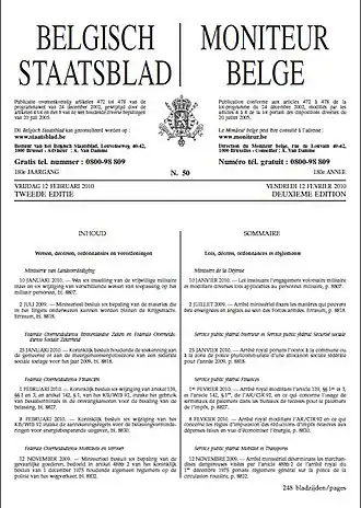 Première page du Moniteur belge - Belgisch Staatsblad