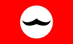 Cercle blanc contenant des moustaches à guidon noires, le tout sur fond rouge.