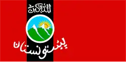 Drapeau du Pashtunistan&nbsp;(en) utilisé entre 1947 et 1992 : le takbir y est inscrit en haut de la bande noire, représentant la ligne Durand qui divise le territoire entre l'Afghanistan et le Pakistan.