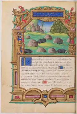 Dans un cadre orné d'angelots, quatre taupes près de leur taupinière.