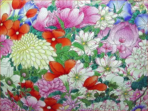 Vase à décor « mille fleurs ». Porcelaine de Jingdezhen, Jiangxi. Fin période Qianlong (1736-1795), dynastie Qing. Détail, porcelaine à décor tapissant d'émaux poudrés, « famille rose ». Chine du Sud.