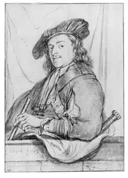 Autoportrait, dessin de Govert Flinck (1643, Klassik Stiftung Weimar&nbsp;(de)). Fortement inspiré de la composition de l'eau-forte de 1639 (B. 21).