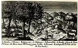 Gravure représentant une campagne avec divers animaux.