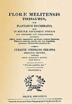 Photographie représentant la page de couverture de l'édition originale en bon état. Le titre principal est en latin sur trois ligne avec en dessous sur neuf lignes le sous titre. Séparé du titre par un trait le nom de l'auteur et sur quatre lignes ses titres et qualification en latin. En dessous encadré de deux traits dessus et dessous une maxime en latin Privatas quaerimus opes. Au-dessus d'une couronne de feuillage l'indication du facicule, ici Facilicus L en dessous de la couronne la date d'édition en chiffres romains. En bas de page l'adresse de l'auteur éditeur