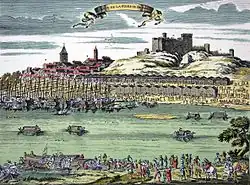 Illustration de la foire de Beaucaire et du château au XVIIIe&nbsp;siècle.