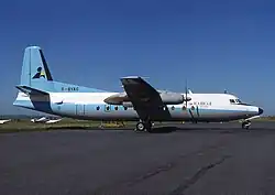 Fokker 27 F-BYAC d'UAR Air Rouergue avec logo Air Inter en 1977 à Rodez.