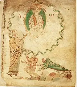 Thierry et sa femme implorant Saint Adalbert (illustration de l'Évangéliaire d'Egmond).