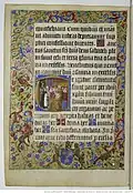 Fig 9. Missel de Richard Chambellan ou Missale Sancti Stephani Divionensis -Deuxième lettre, détail&nbsp;du pape entouré des cardinaux, chargeant Thomas d'Aquin de composer un office en l'honneur du Corpus Christi. 1485-1490.