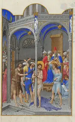 La Flagellation du Christ, 1412-1416miniature des Très Riches Heures du duc de Berrymusée Condé, Chantilly, ms.65, f.144