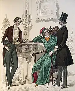 Gravure de mode représentant 3 personnages masculins dont un avec une chemise à jabot et un autre avec une chemise à col retourné
