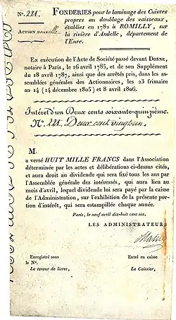 Action des Fonderies pour le laminage des cuirs propres au doublage des vaisseaux, émise le 9 avril 1806 à Paris, imprimée sur parchemin. Depuis 1793 déjà, les fonderies de Romilly étaient contrôlées par Jean-Barthélemy Le Couteulx de Canteleu et sa famille.