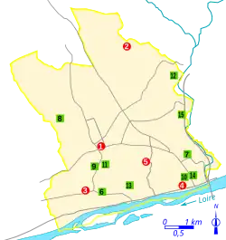 carte indiquant le localisation de sites d'une commune par un eu de repères chiffrés decouleurs