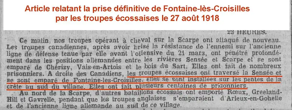 Un article de Journal relatant la libération de Fontaine-lès-Croisilles le 27 août 1918..