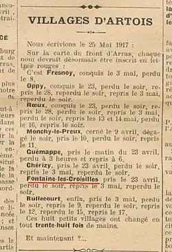 Un article de Journal de 1917 relatant les combats à Fontaine-lès-Croisilles.