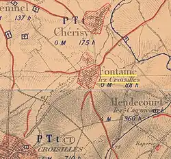La carte des régions dévastées montre que le village de Fontaine-lès-Croisilles est complètement détruit à la fin de la guerre.