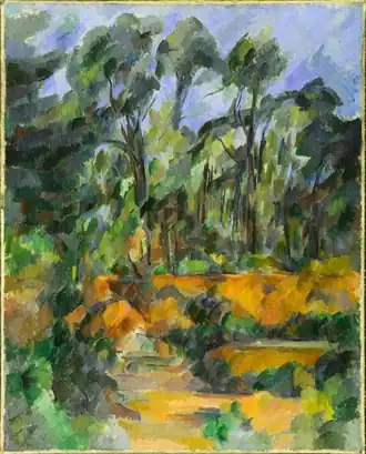 peinture à l'huile d'une forêt, avec de grands arbres à l'arrière plan et des buissons sur une terre de couleur ocre à l'avant.