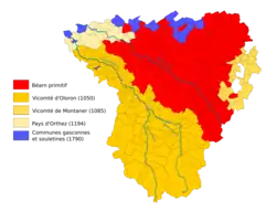Détail d'une carte indiquant les principales étapes de la formation territoriale du Béarn.
